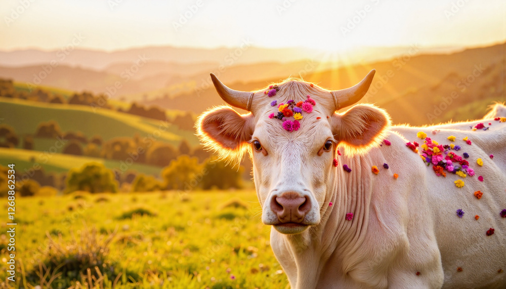 Cow adorned with flowers in a sunny green field Cow adorned with flowers in a sunny green field