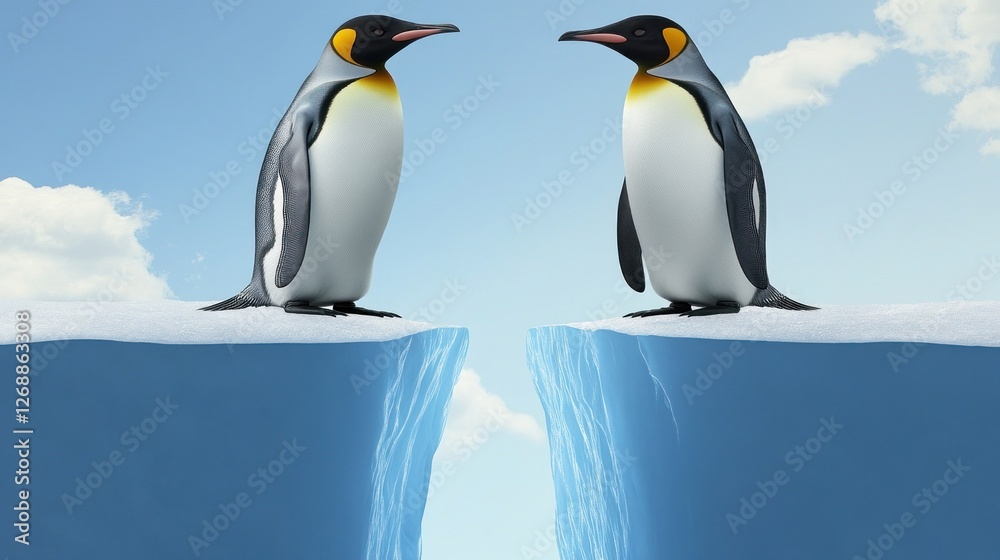 Naklejka premium Two penguins stand on opposite sides of a crack in an ice formation.