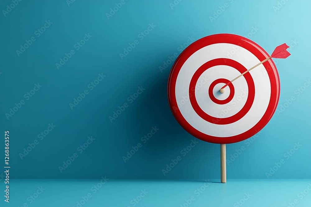 Red and White Target Bullseye with Arrow on Stick, Teal Background
