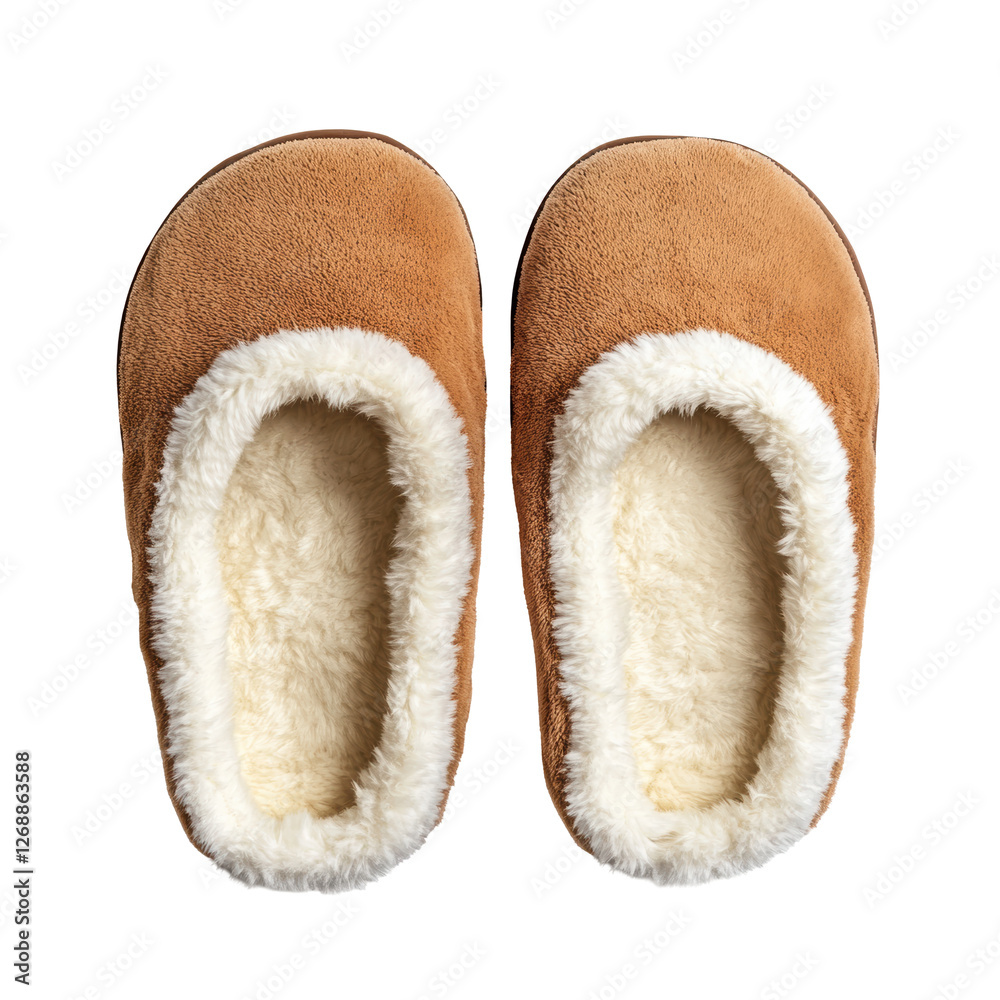Isolated Comfortable Brown Slippers with White Fleece Interior