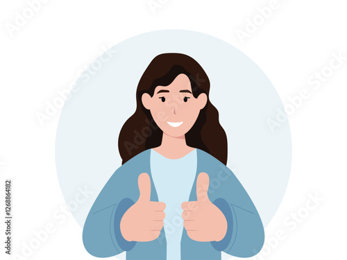 Happy young woman showing thumbs up with both hands and smiling. Cartoon, vector and illustration.
