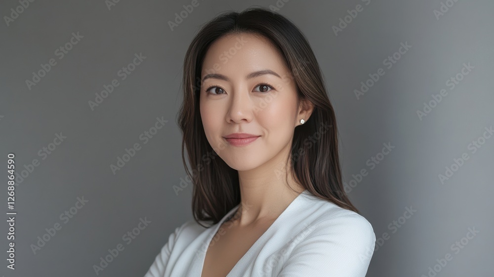 Calming interior featuring a serene woman with soft gray walls and natural light during a peaceful moment Calming interior featuring a serene woman with soft gray walls and natural light during a peaceful moment