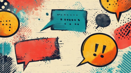 Dynamic Vintage Comic-Style Collage of Speech Bubbles and Lightning Bolts, White Background, Graphic Design, Creative Environment