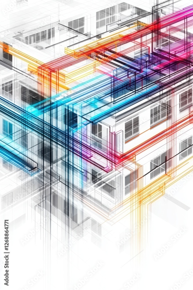 Obraz premium A vibrant, abstract illustration of building structures with colorful lines, representing connectivity and modern architecture.
