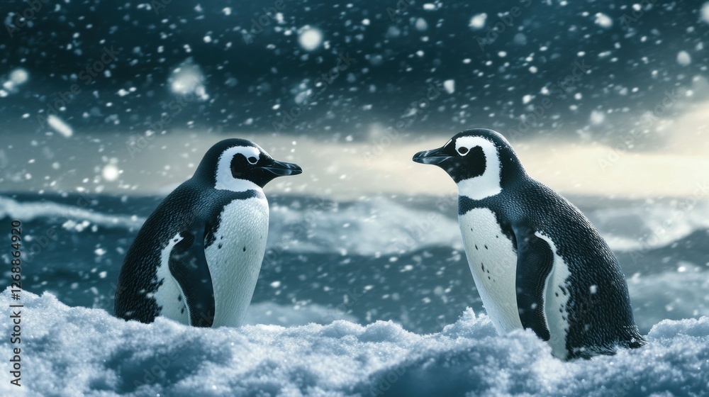 Obraz premium Two penguins standing in the snow during a snowy, cold environment by the ocean.