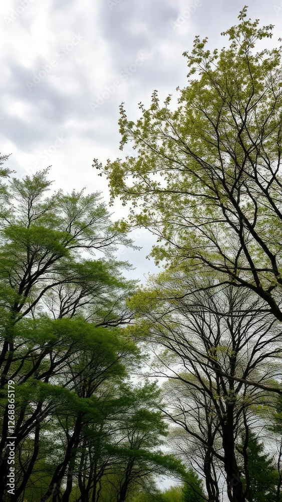 Trees swaying in strong wind under grey cloudy sky, summer, leaves, trees Trees swaying in strong wind under grey cloudy sky, summer, leaves, trees