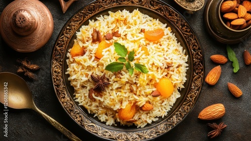 Aromatic Basmati Rice with Dried Fruits and Nuts in Elegant Bowl photo