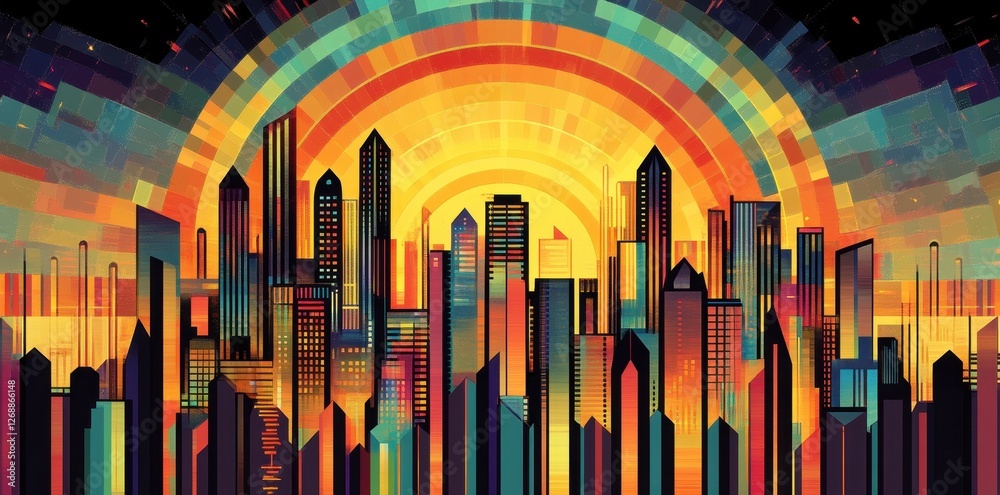 Obraz premium Colorful cityscape silhouette set against abstract radial sunset pattern