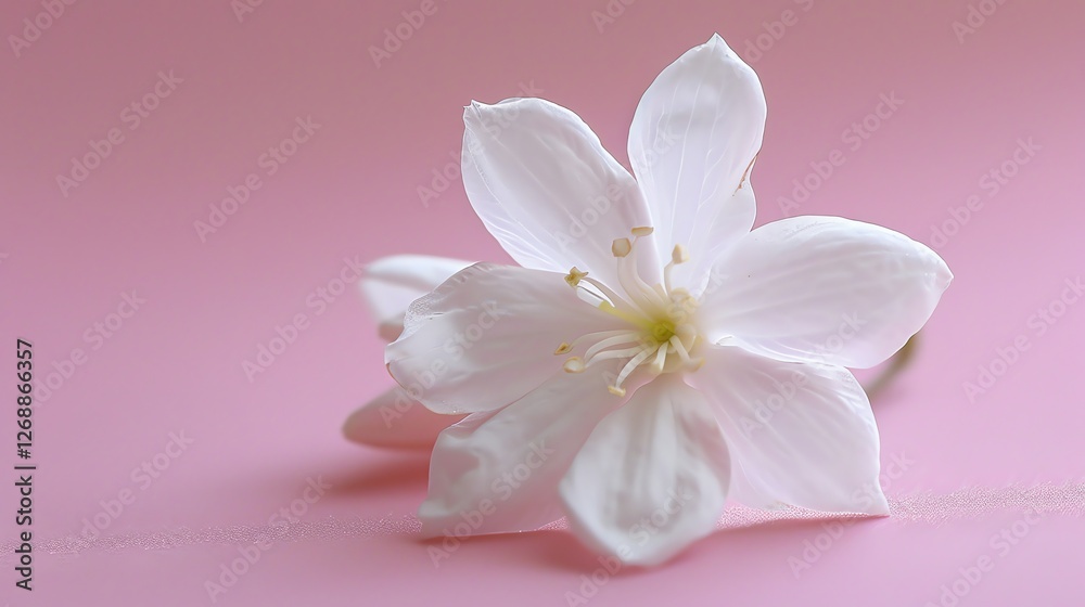 A beautiful white flower with delicate petals. The flower is set against a soft pink background. A beautiful white flower with delicate petals. The flower is set against a soft pink background.