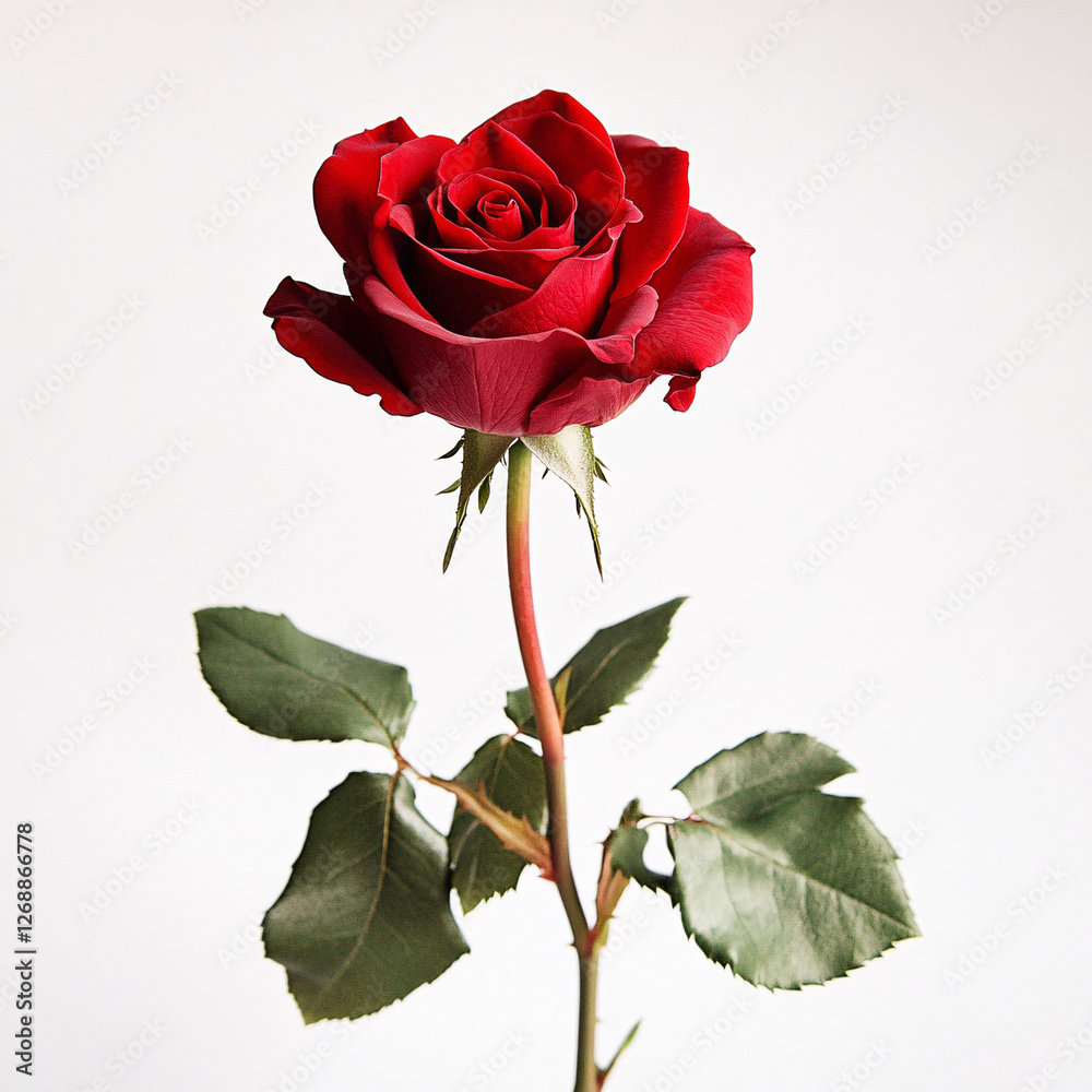 Fototapeta premium single red rose with green leaves against white background romance love valentine flower stem bouquet elegant photography studio