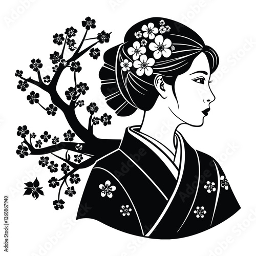 Traditional Japanese geisha in black and white holding a bonsai tree, symbolizing grace and culture.
