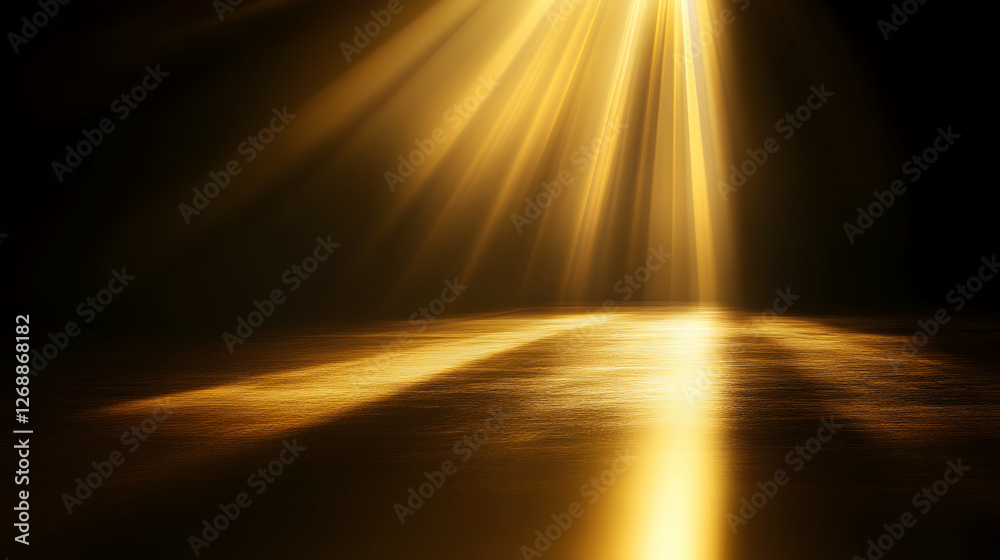 Golden light rays on dark floor, spotlight effect, studio background, product display Golden light rays on dark floor, spotlight effect, studio background, product display