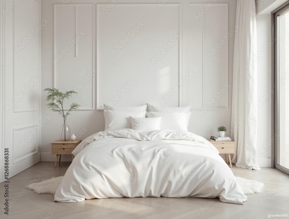 Fototapeta premium Bright and cozy modern hotel bedroom interior design with white walls