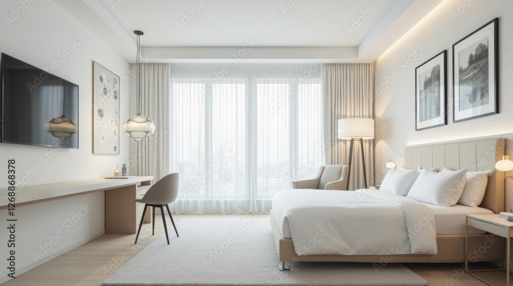Fototapeta premium Bright and cozy modern hotel bedroom interior design with white walls