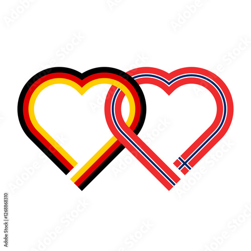 heart shaped ribbon of germany and norway flags intertwined. vector illustration isolated on white background
