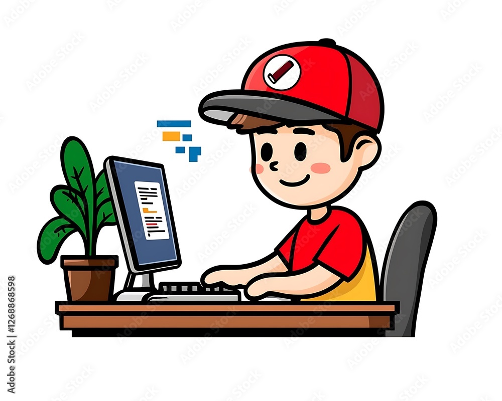 Young Boy Engaged in Computer Work with Plant on Desk Young Boy Engaged in Computer Work with Plant on Desk