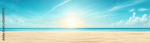 A serene beach landscape showcasing the vast turquoise ocean meeting the golden sand under a bright, sunny sky