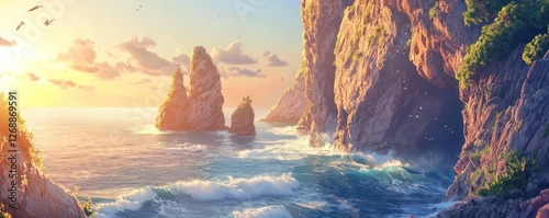 A coastal cliff where the ocean waves play a natural melody on the hollow rocks, creating a symphony at sunrise