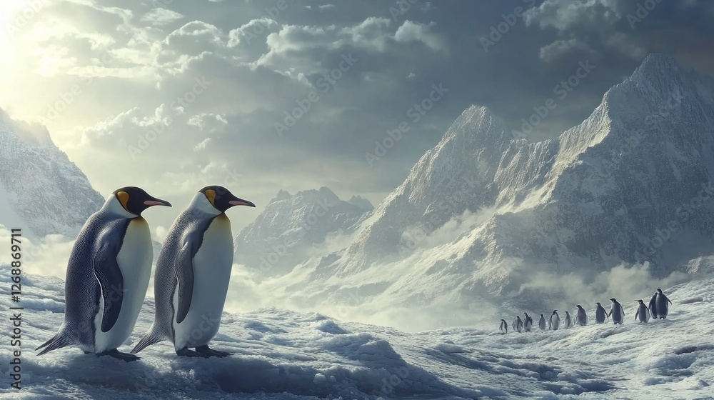 Obraz premium Two penguins stand in a snowy landscape, with mountains and other penguins in the background.