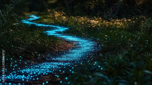 A biome where bioluminescent fungi create a network of glowing paths, visible only at night