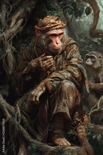 [Monkey wearing garments sitting in forest]