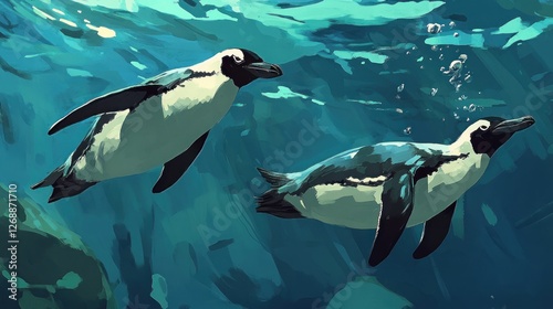 Two penguins swimming underwater in a vibrant aquatic scene.