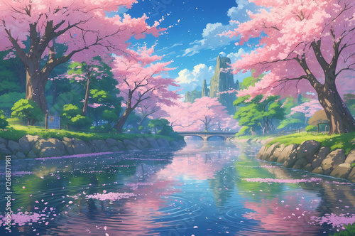 Vibrant Fantasy Kingdom Riverbank in Peak Sakura Season, with Pink Blossoms, Lush Greenery, and Sunlight Reflecting on Gentle Ripples