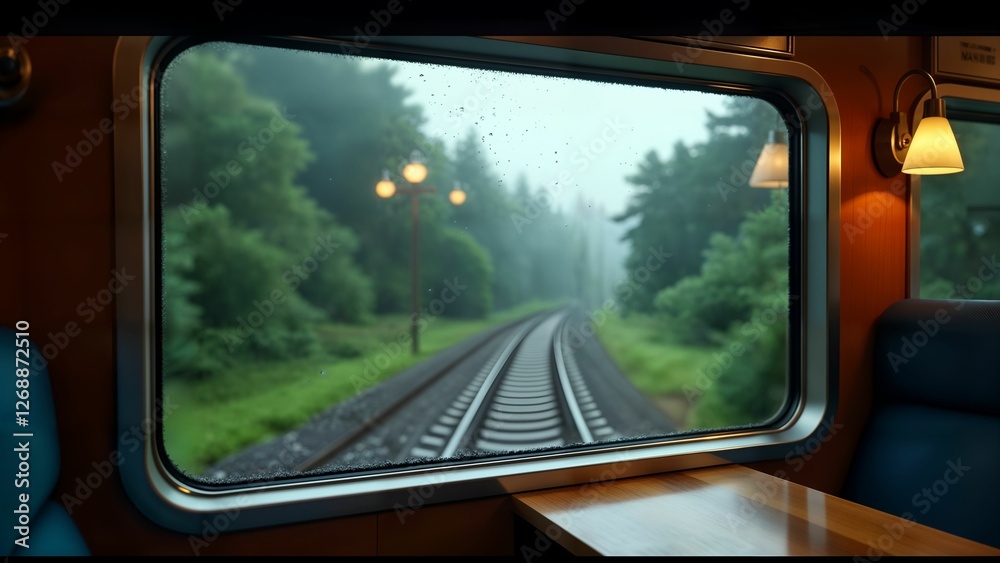 Naklejka premium Cozy Train Cabin on a Rainy Day