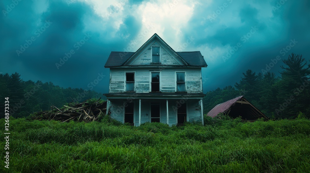 Abandoned House in Countryside Concept, Abandoned Farmhouse with Collapsed Barn Surrounded by Lush Greenery under a Dramatic Sky Abandoned House in Countryside Concept, Abandoned Farmhouse with Collapsed Barn Surrounded by Lush Greenery under a Dramatic Sky
