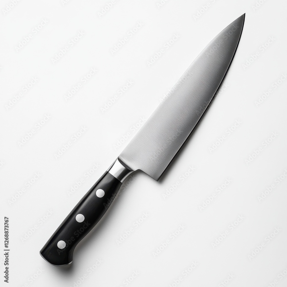Sharp stainless chef knife positioned on a clean surface for food preparation in a modern kitchen Sharp stainless chef knife positioned on a clean surface for food preparation in a modern kitchen