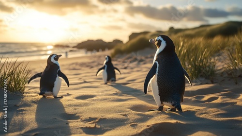 Three penguins walking along a sandy beach at sunset.