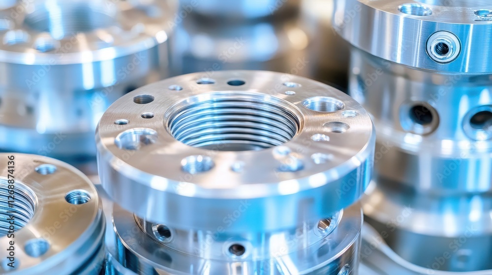 Close-Up View of Precision-Machined Metal Parts in Industrial Setting Close-Up View of Precision-Machined Metal Parts in Industrial Setting
