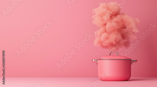 A pink pot releasing fluffy pink steam against a matching background.