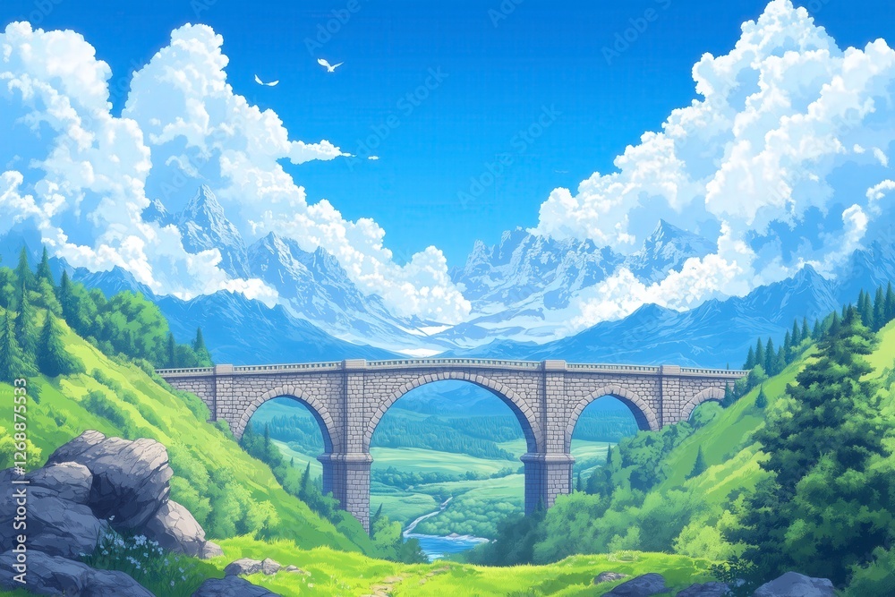 Fototapeta premium Scenic Bridge Over River Surrounded by Lush Green Mountains and Clouds