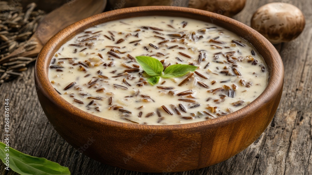 Creamy Mushroom Wild Rice Soup in Wooden Bowl on Rustic Table Creamy Mushroom Wild Rice Soup in Wooden Bowl on Rustic Table