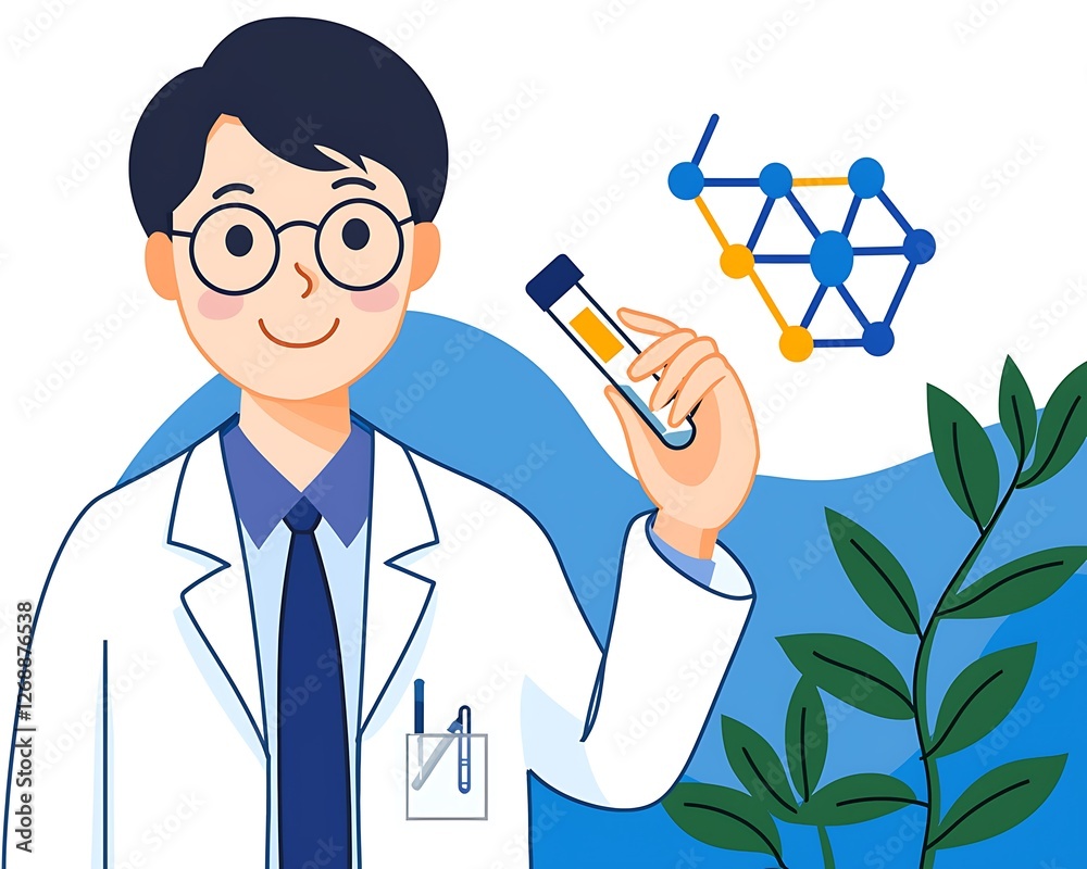 Scientist in Lab Coat Holding Test Tube with Molecular Structure