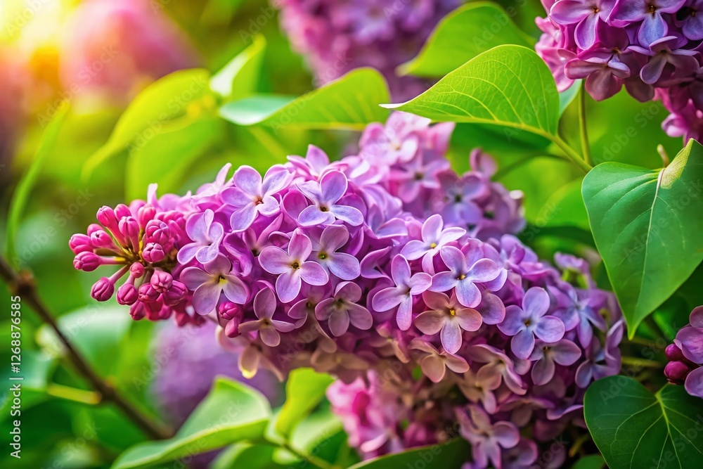 Delicate Lilac Blossoms on Lush Green Leaves - Spring Floral Stock Photo Delicate Lilac Blossoms on Lush Green Leaves - Spring Floral Stock Photo