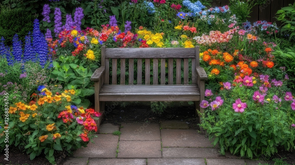 Obraz premium A backyard garden scene with a wooden bench surrounded by blooming flowers