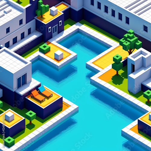 Isometric 3D architecture with water and terraces / Arquitectura isométrica 3D con agua y terrazas