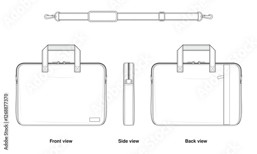 Laptop bag Technical Fashion Illustration. Slim Zippered laptop Case Vector Template. Front, Back, and Interior View. Protective Pouch with Document Pocket. CAD Mockup Set.