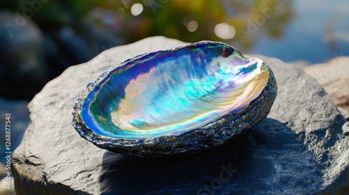 A colorful abalone shell resting on a rock by the water, showcasing its iridescent interior.