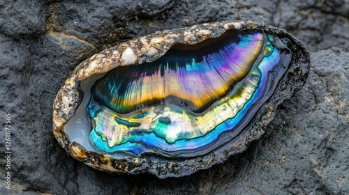 A close-up of a vibrant, iridescent abalone shell resting on rocky terrain.