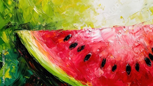 A vibrant, close-up painting of a watermelon slice showcasing its juicy texture and colors.