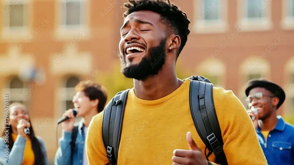 Passionate Performance: A young man with a joyful expression sings his heart out, surrounded by a choir in an outdoor setting, showcasing his raw talent and emotional connection to music. Passionate Performance: A young man with a joyful expression sings his heart out, surrounded by a choir in an outdoor setting, showcasing his raw talent and emotional connection to music.