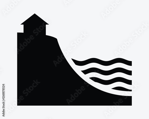 Seashore Sea Shore Cliff High Ground Seaside Water Land Waterfront Property House Home Black White Icon Sign Symbol Graphic Illustration Vector