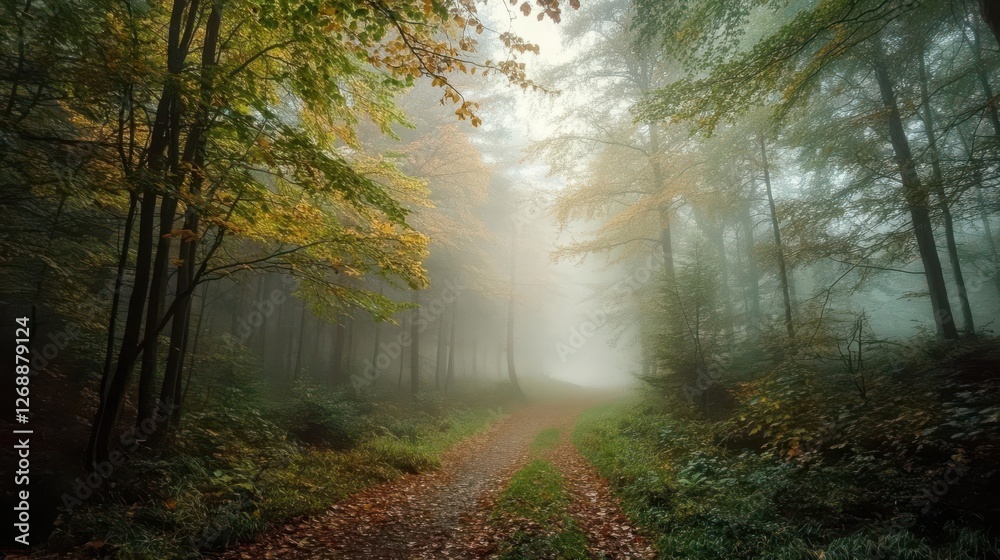 Naklejka premium Forest background image showing a misty forest scene with tall trees and leaves on the ground
