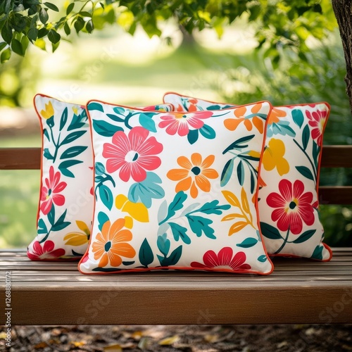 Vibrant floral-print pillows styled on a wooden garden bench under a shady tree