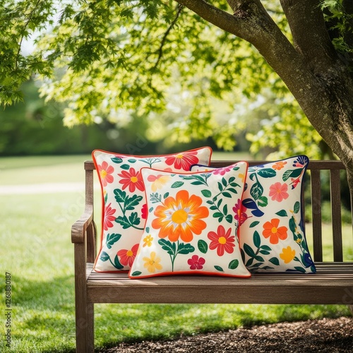 Vibrant floral-print pillows styled on a wooden garden bench under a shady tree photo