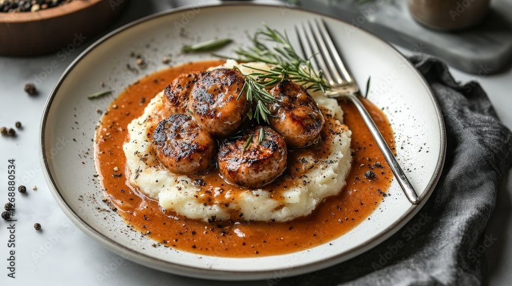 A delicious plate featuring scallops on creamy mashed potatoes with a savory sauce. A delicious plate featuring scallops on creamy mashed potatoes with a savory sauce.