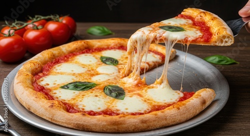Delicious Margherita Pizza with Pulling Cheese Slice and Fresh Tomatoes